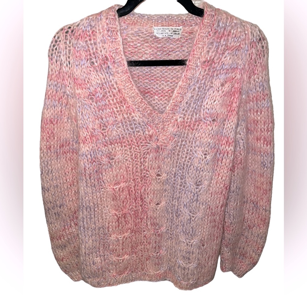 Dreamy Handmade 1960s Italian Vintage Knit Mohair Sweater Shimmer Pastel Pink